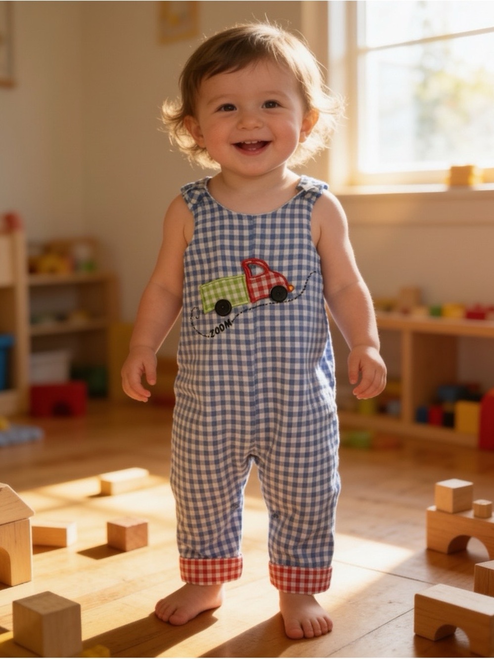 Mud Pie 2T-3T Blue Gingham Romper Overalls with Red & Green Truck Appliqué